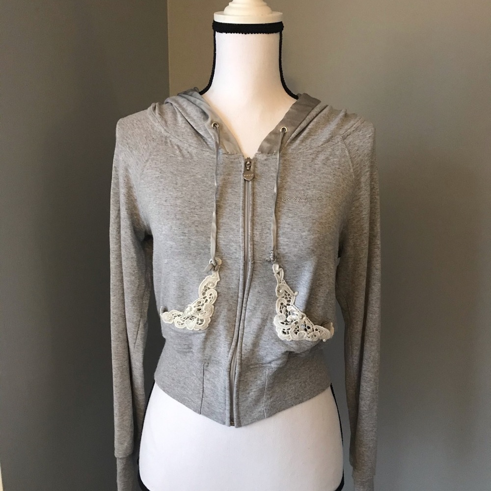 BEBE Crop Zip-Up w/Lace & Sequin Pockets